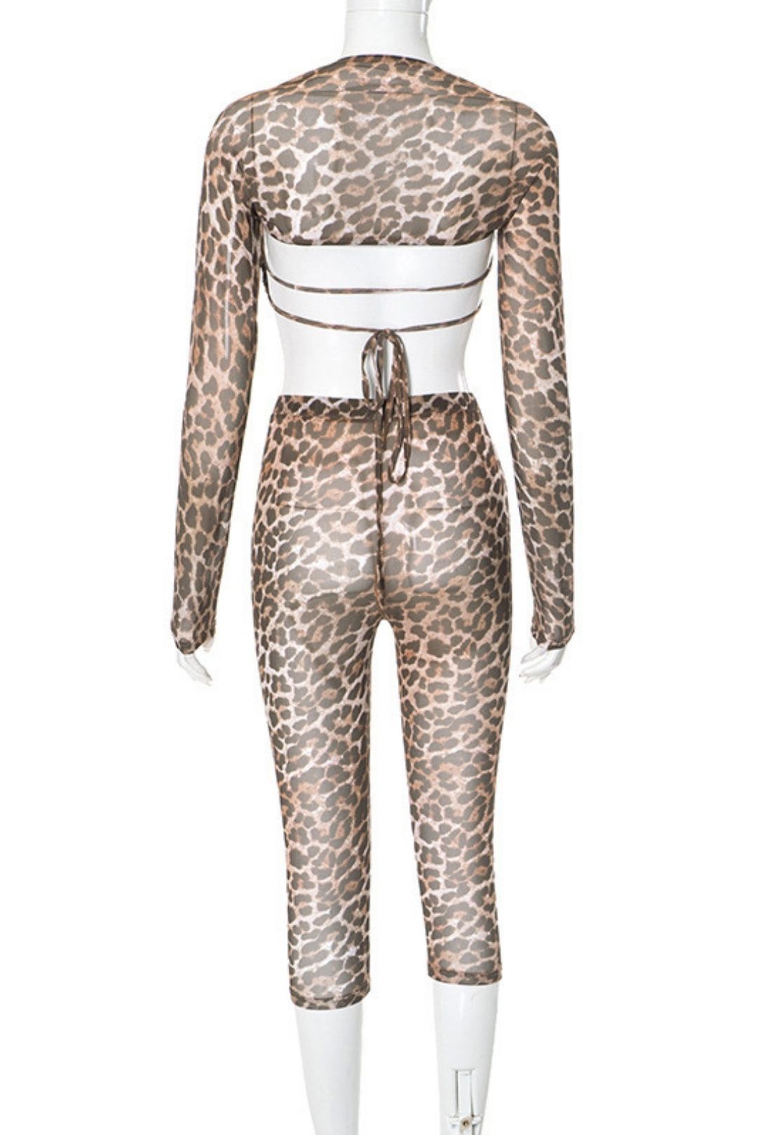 Leopard Print Mesh Print Long-sleeved Shawl See-through Sexy Suit