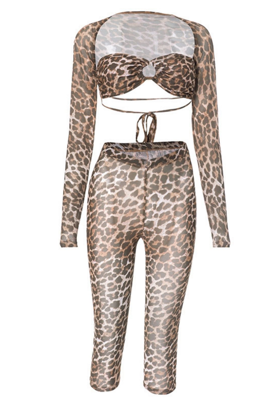 Leopard Print Mesh Print Long-sleeved Shawl See-through Sexy Suit
