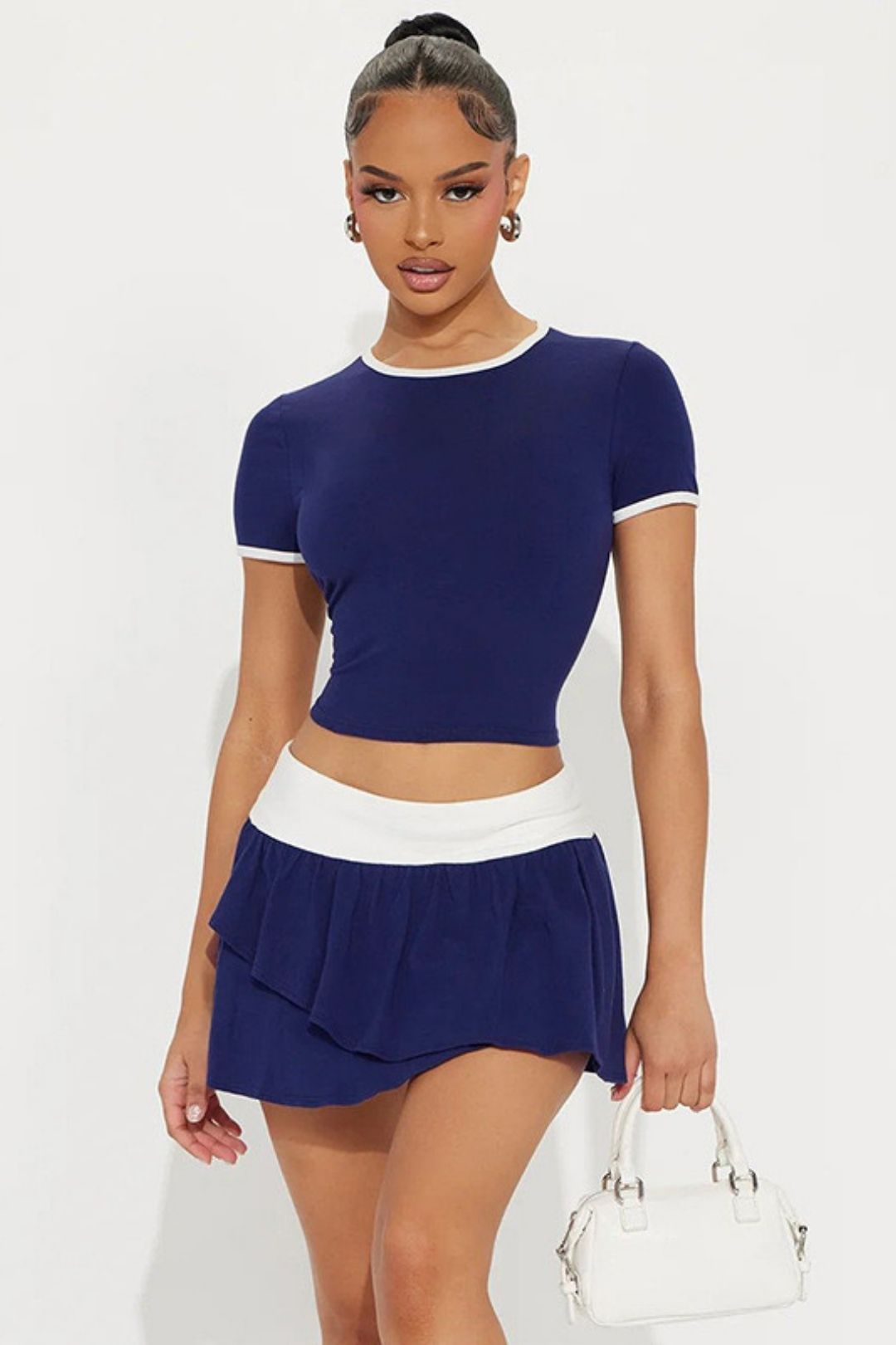 Round Neck Short Sexy Slim T-shirt Color Matching Skirt Suit