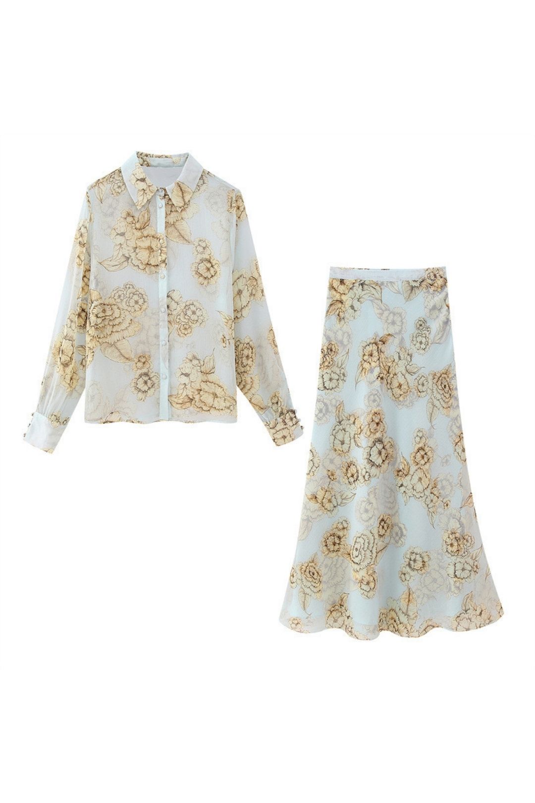 Print Shirt High Waist Midi Skirt Suit