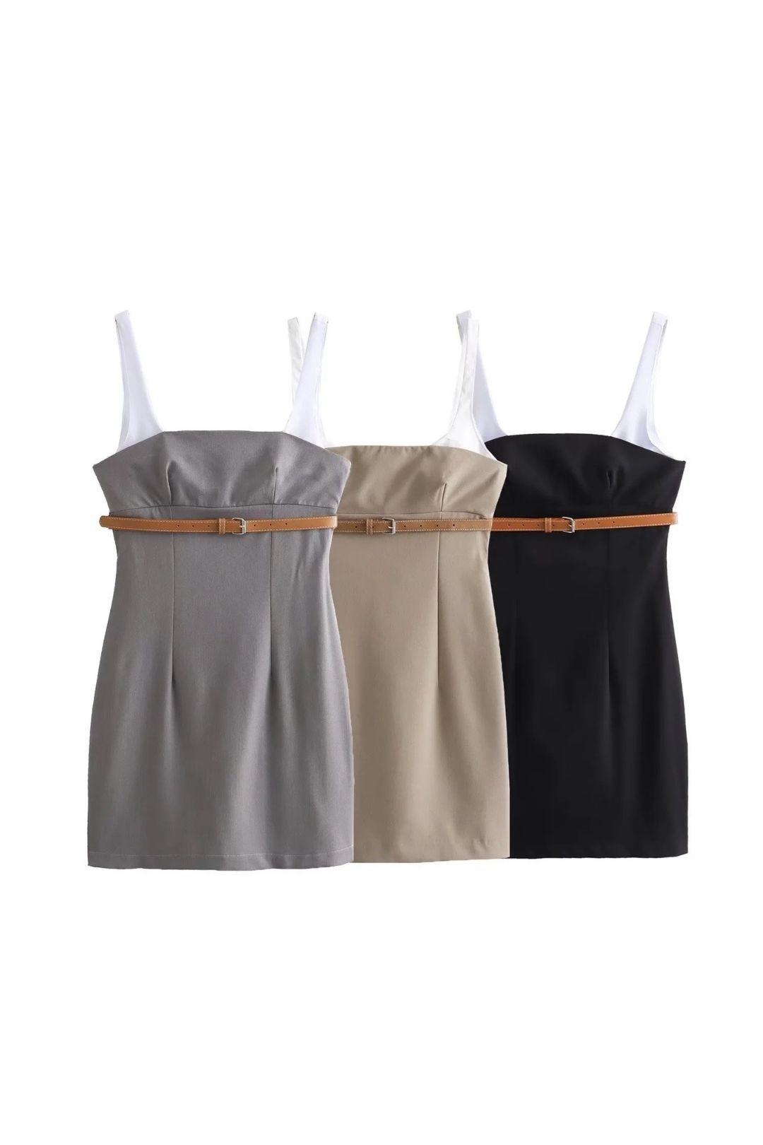 Belt-stitched Suspender Dress