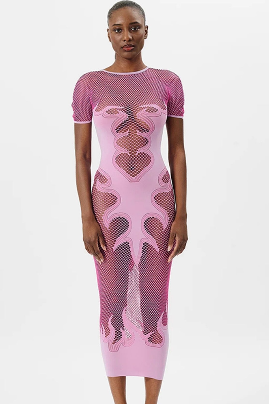 Sexy Hollow See-through Tight Fishnet Round Neck Long Dress