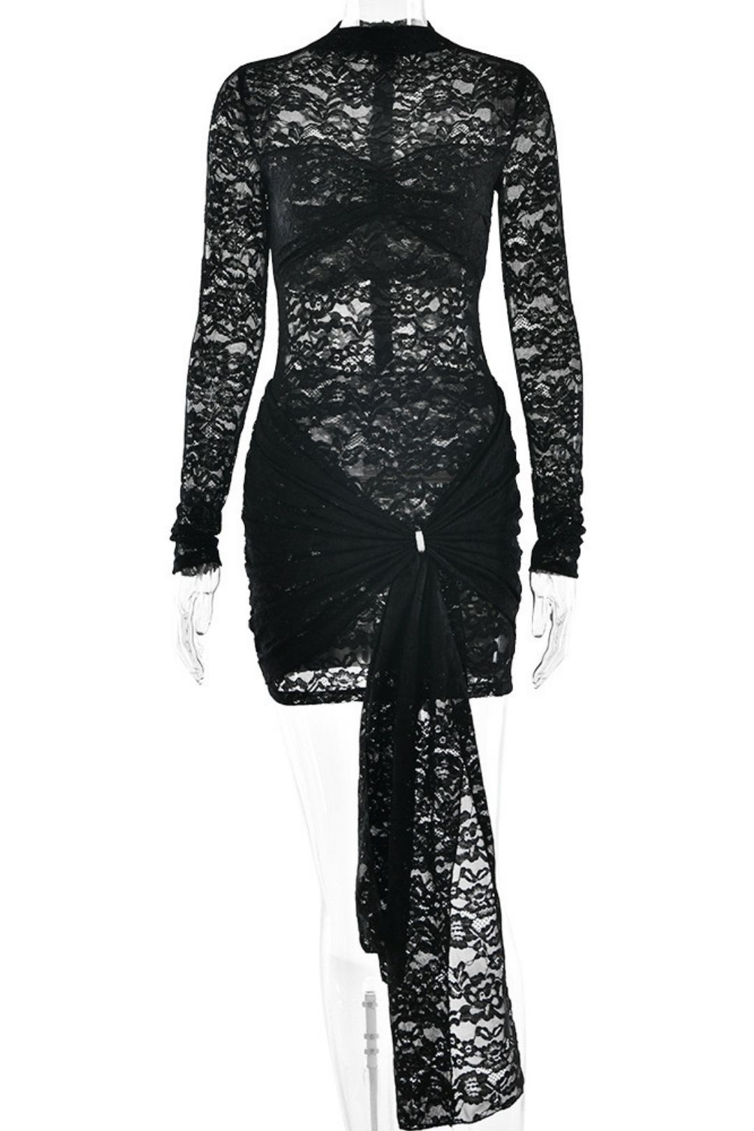 Sexy Slim Lace  Long-sleeved See-through Tight Pleated Hip Skirt