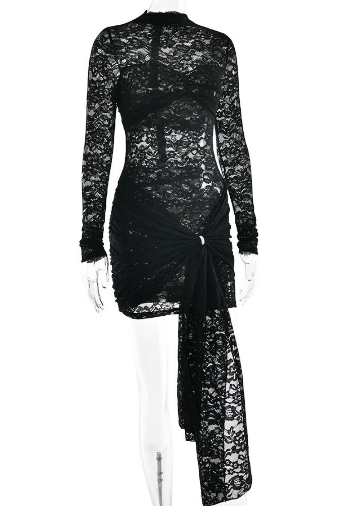 Sexy Slim Lace  Long-sleeved See-through Tight Pleated Hip Skirt