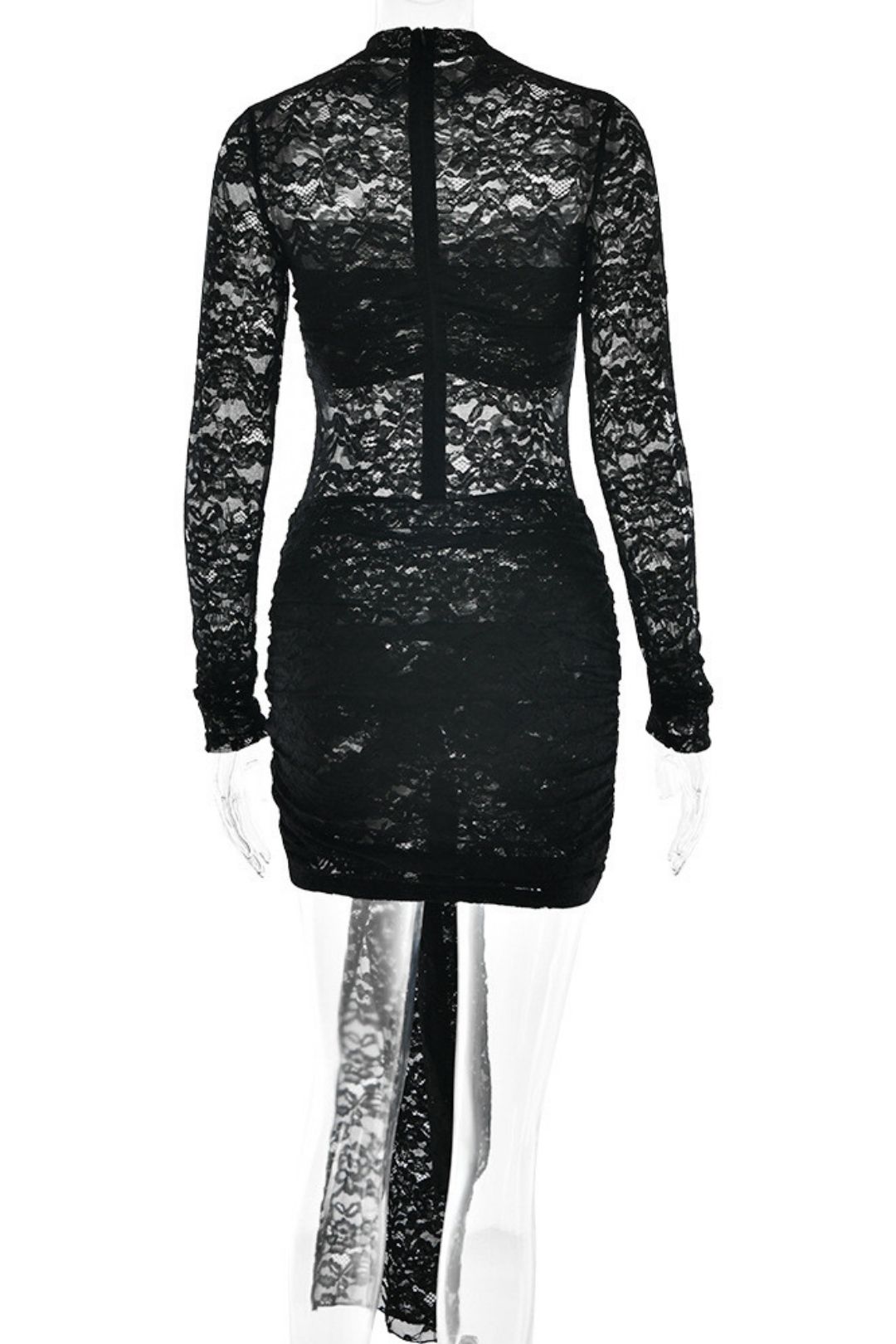 Sexy Slim Lace  Long-sleeved See-through Tight Pleated Hip Skirt