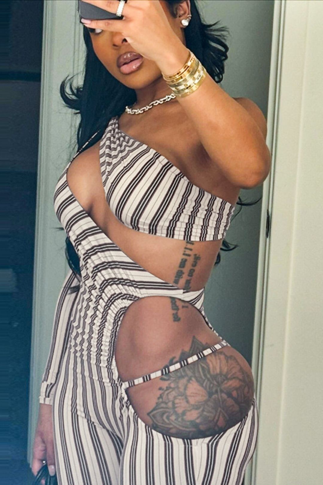 Elastic Stripes Slim Sexy Hot Girl Hollow Jumpsuit