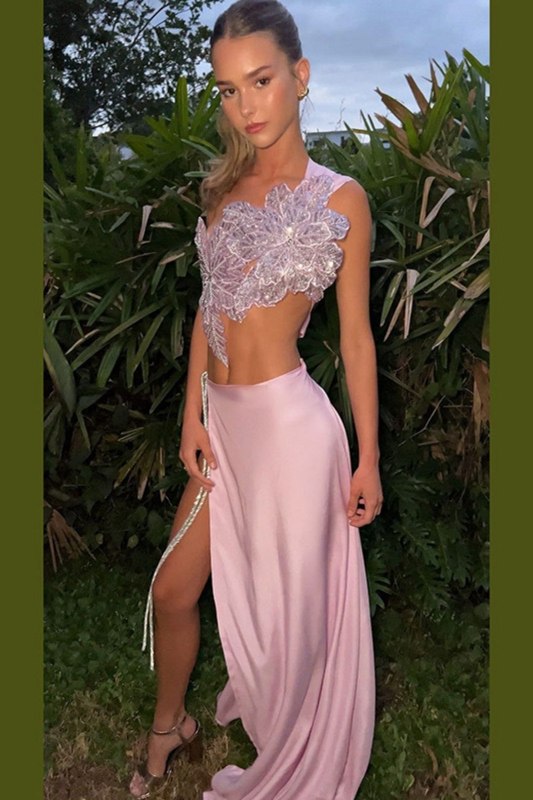 Backless Sequined Lace-up Top Slit Solid Color Skirt Suit