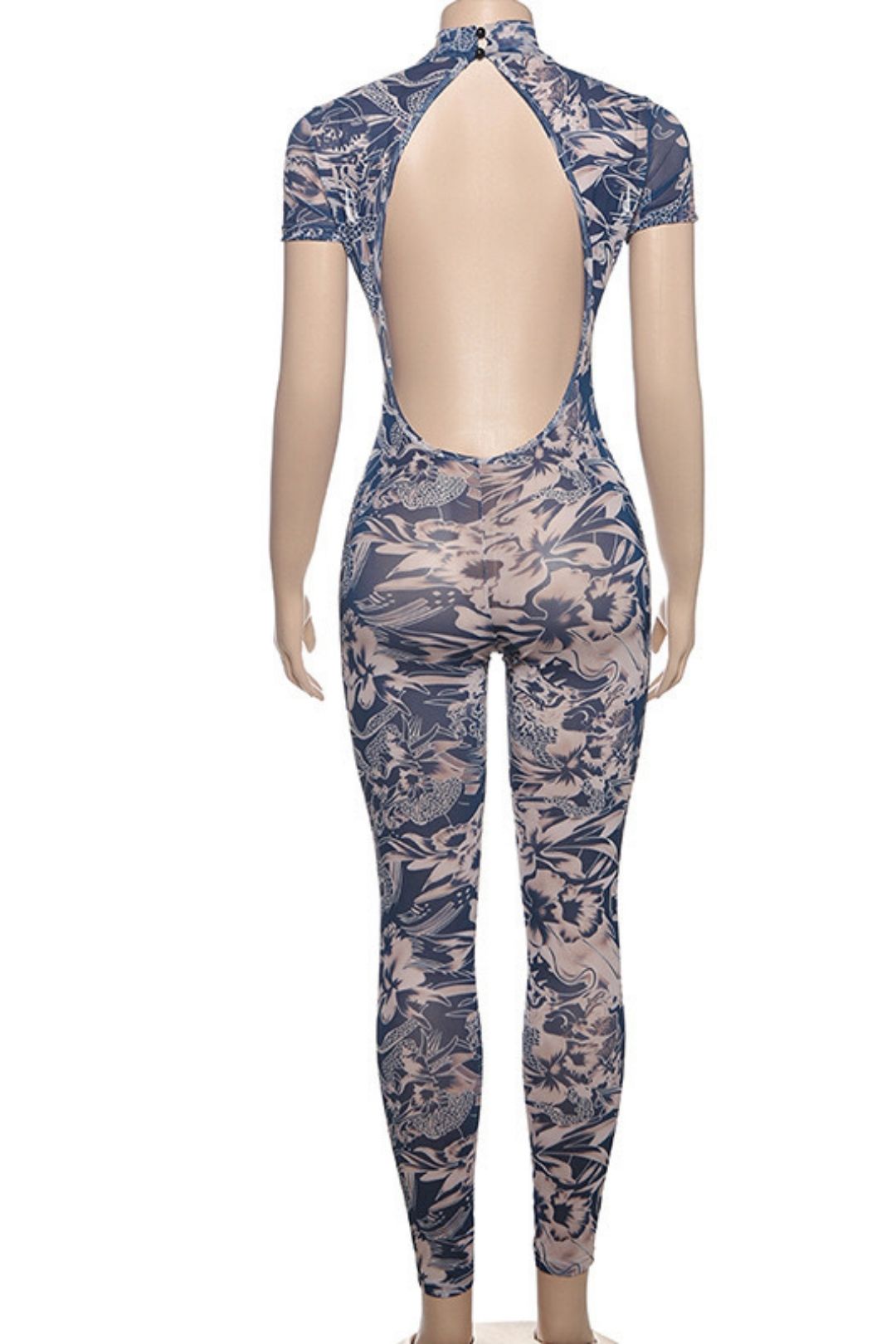 Sexy Backless Fashion Printed Perspective Mesh Jumpsuit