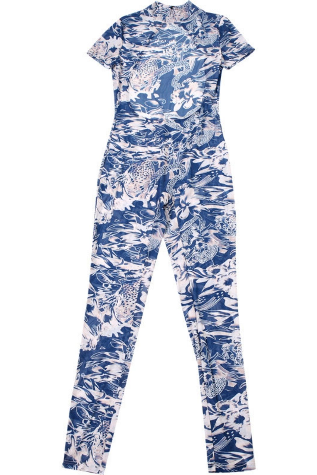 Sexy Backless Fashion Printed Perspective Mesh Jumpsuit