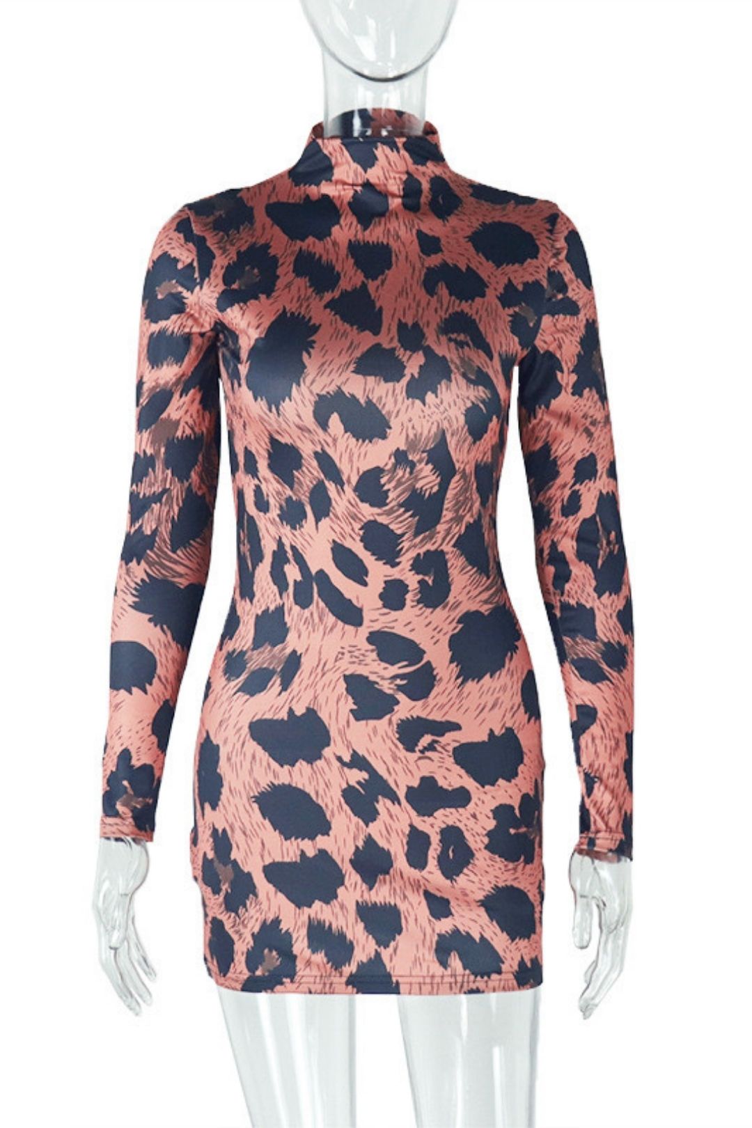 Printed Leopard Sexy Tight Hip Skirt Stand Collar Long Sleeve Short Dress