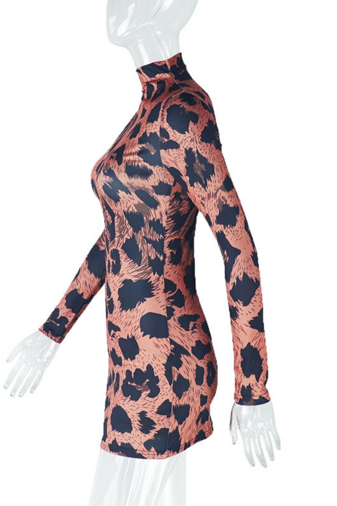 Printed Leopard Sexy Tight Hip Skirt Stand Collar Long Sleeve Short Dress