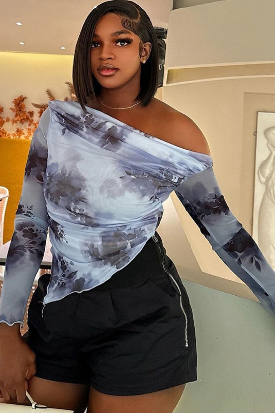 Long-sleeved New T-shirt Tie-dye Printing Off-shoulder Oblique Collar