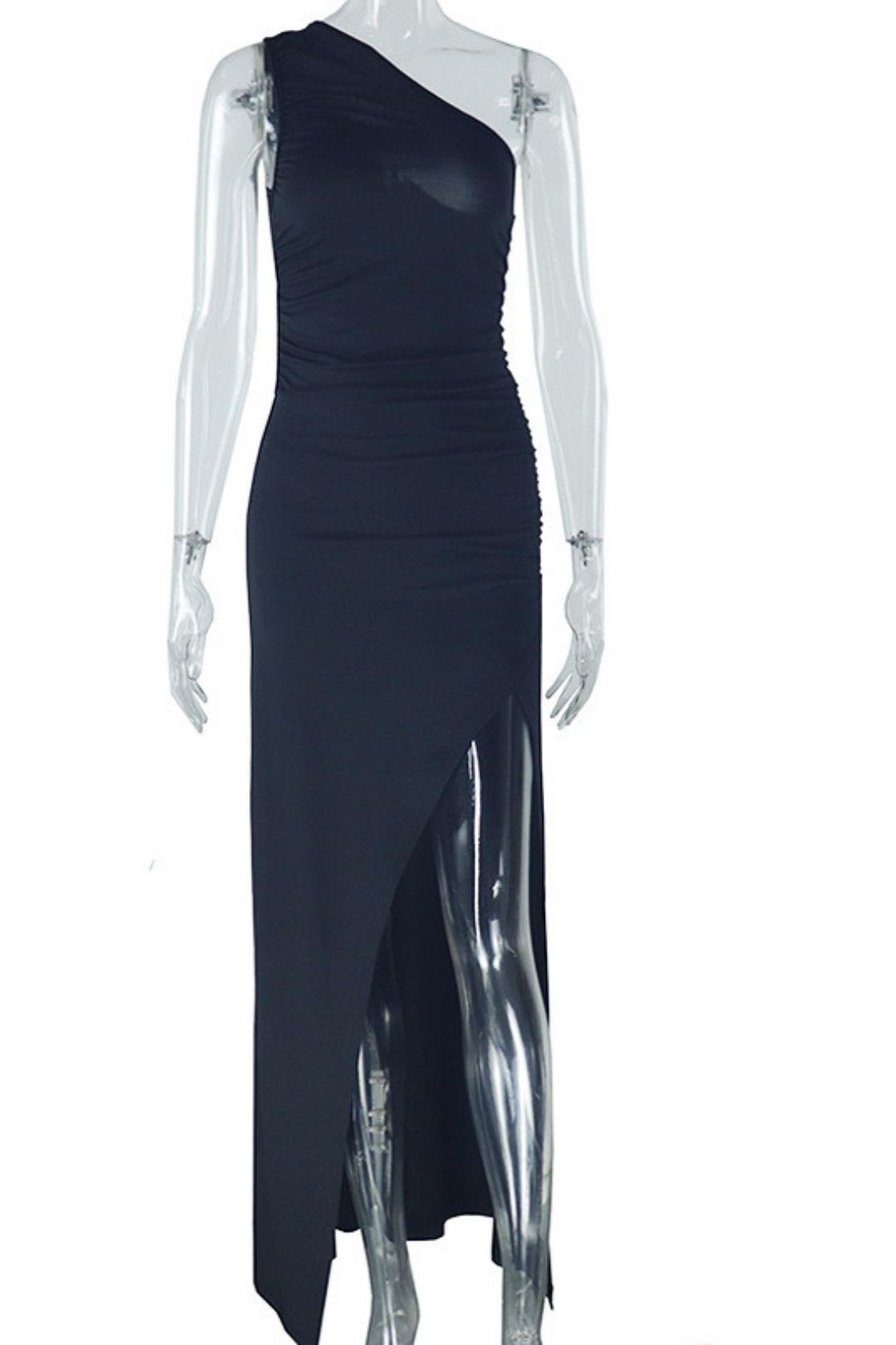 Solid Color Dress Oblique Collar Exposed One Shoulder Sleeveless Slit Long Dress