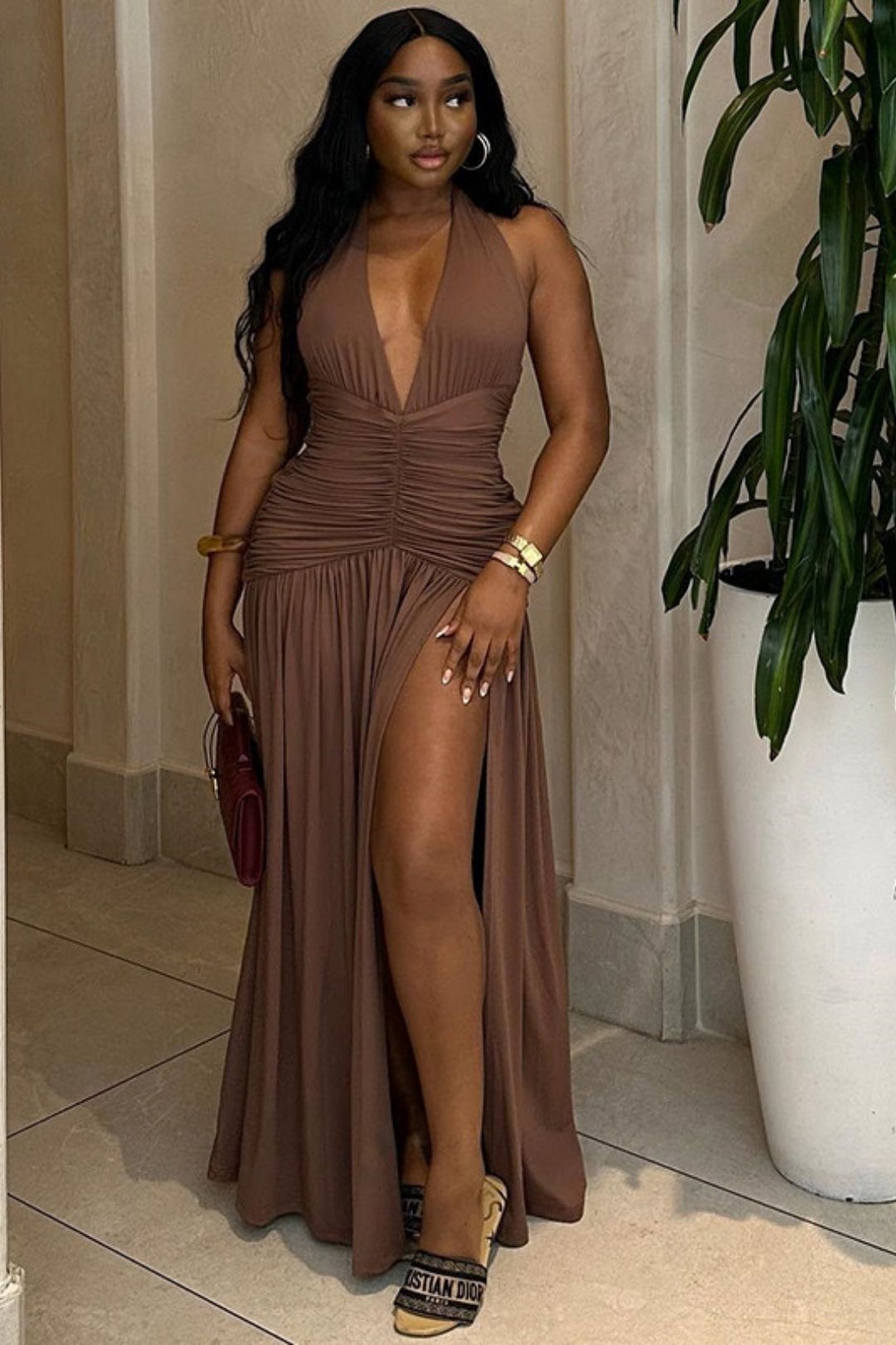 Sexy Sleeveless Deep V-neck Slit Temperament Leisure Waist Skirt