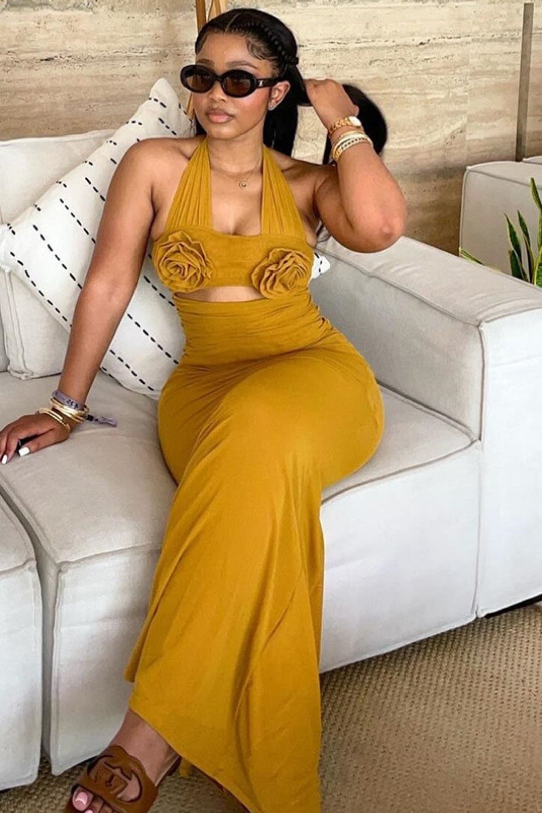 Dimensional Flower Decoration High Waist One-step Skirt Dress Long Skirt