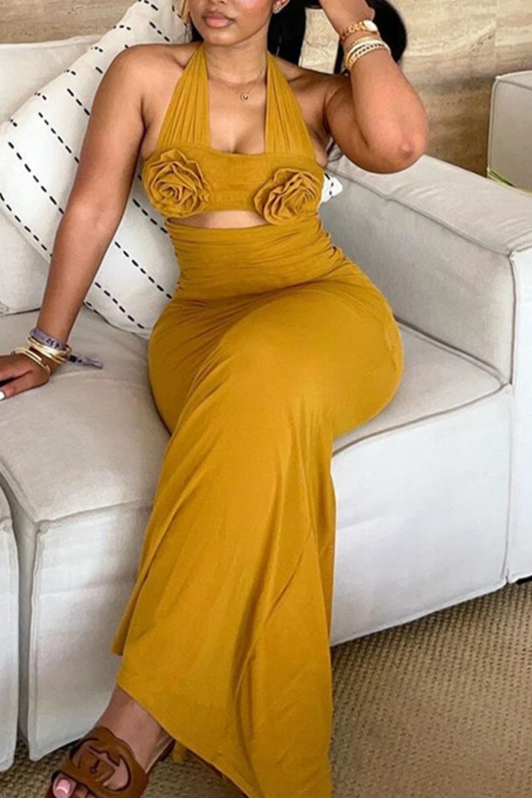 Dimensional Flower Decoration High Waist One-step Skirt Dress Long Skirt