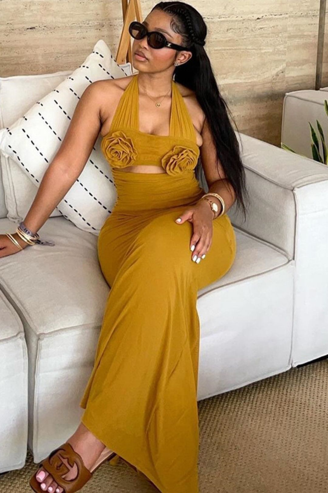 Dimensional Flower Decoration High Waist One-step Skirt Dress Long Skirt