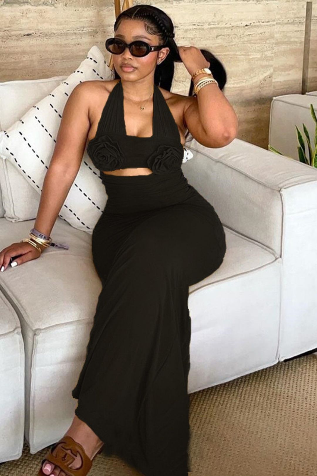 Dimensional Flower Decoration High Waist One-step Skirt Dress Long Skirt