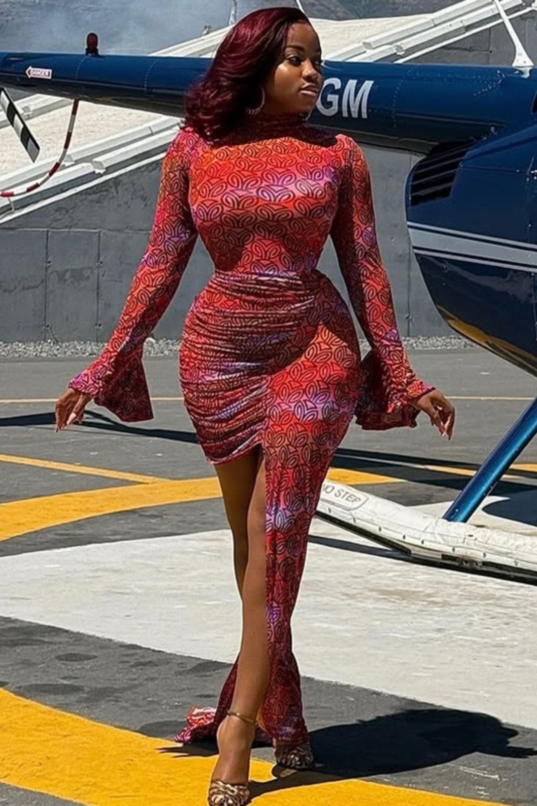 Hip-wrapped Slim-fitting Printed  Skirt High-neck Long-sleeved Short Dress