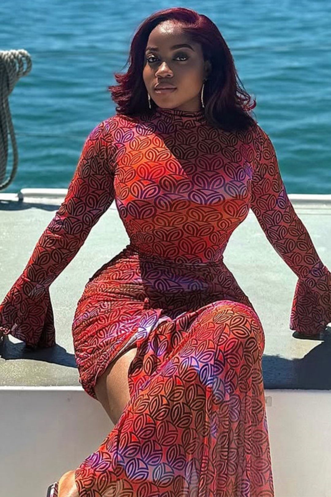 Hip-wrapped Slim-fitting Printed  Skirt High-neck Long-sleeved Short Dress