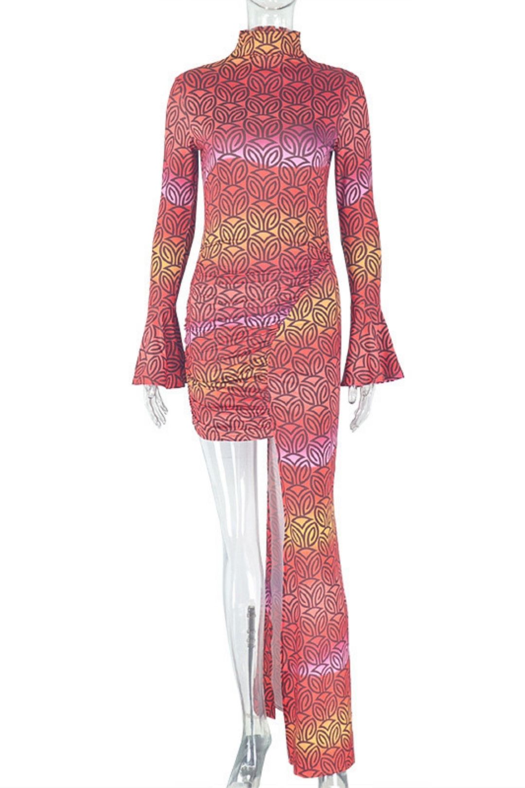 Hip-wrapped Slim-fitting Printed  Skirt High-neck Long-sleeved Short Dress