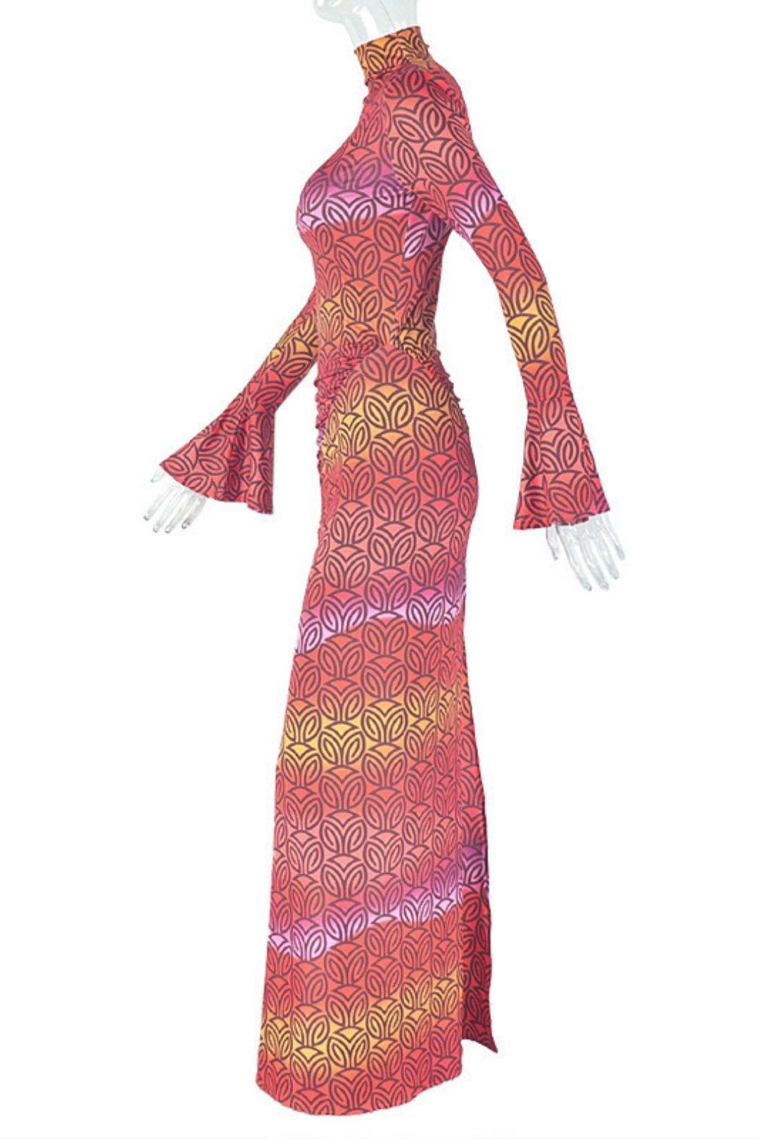 Hip-wrapped Slim-fitting Printed  Skirt High-neck Long-sleeved Short Dress