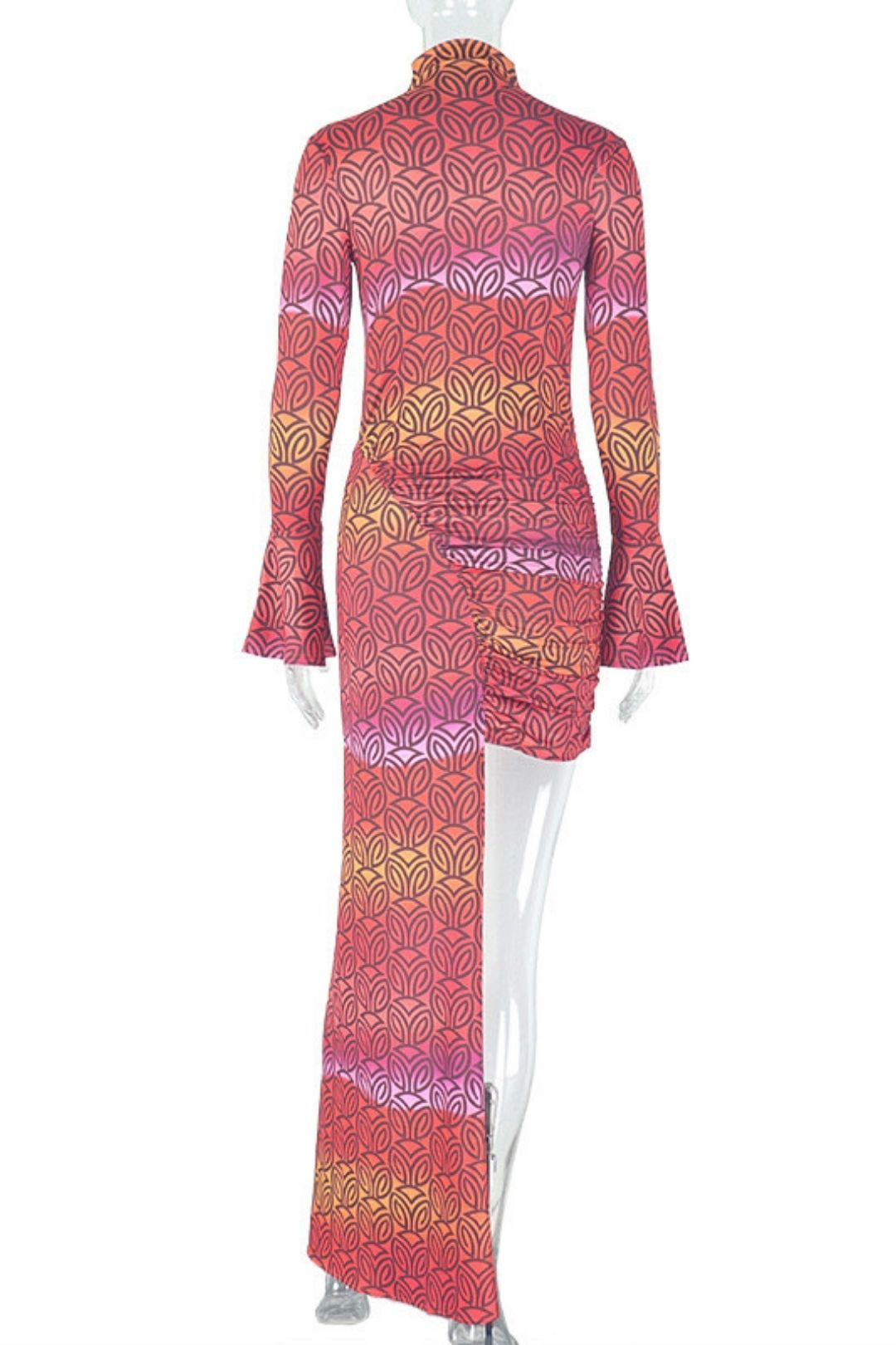 Hip-wrapped Slim-fitting Printed  Skirt High-neck Long-sleeved Short Dress