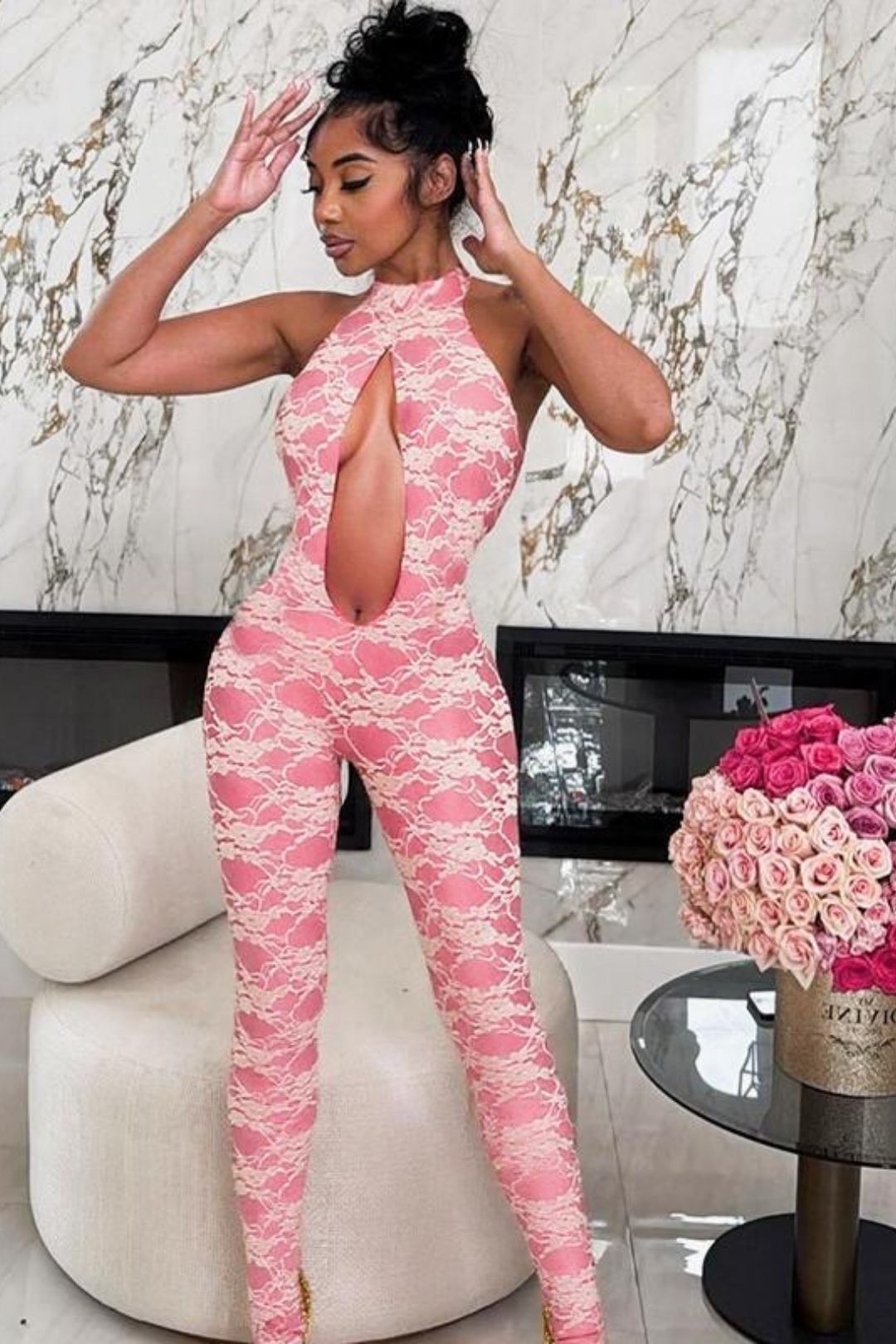 Lace Halter Neck Straps Large Backless Tight Jumpsuit Trousers