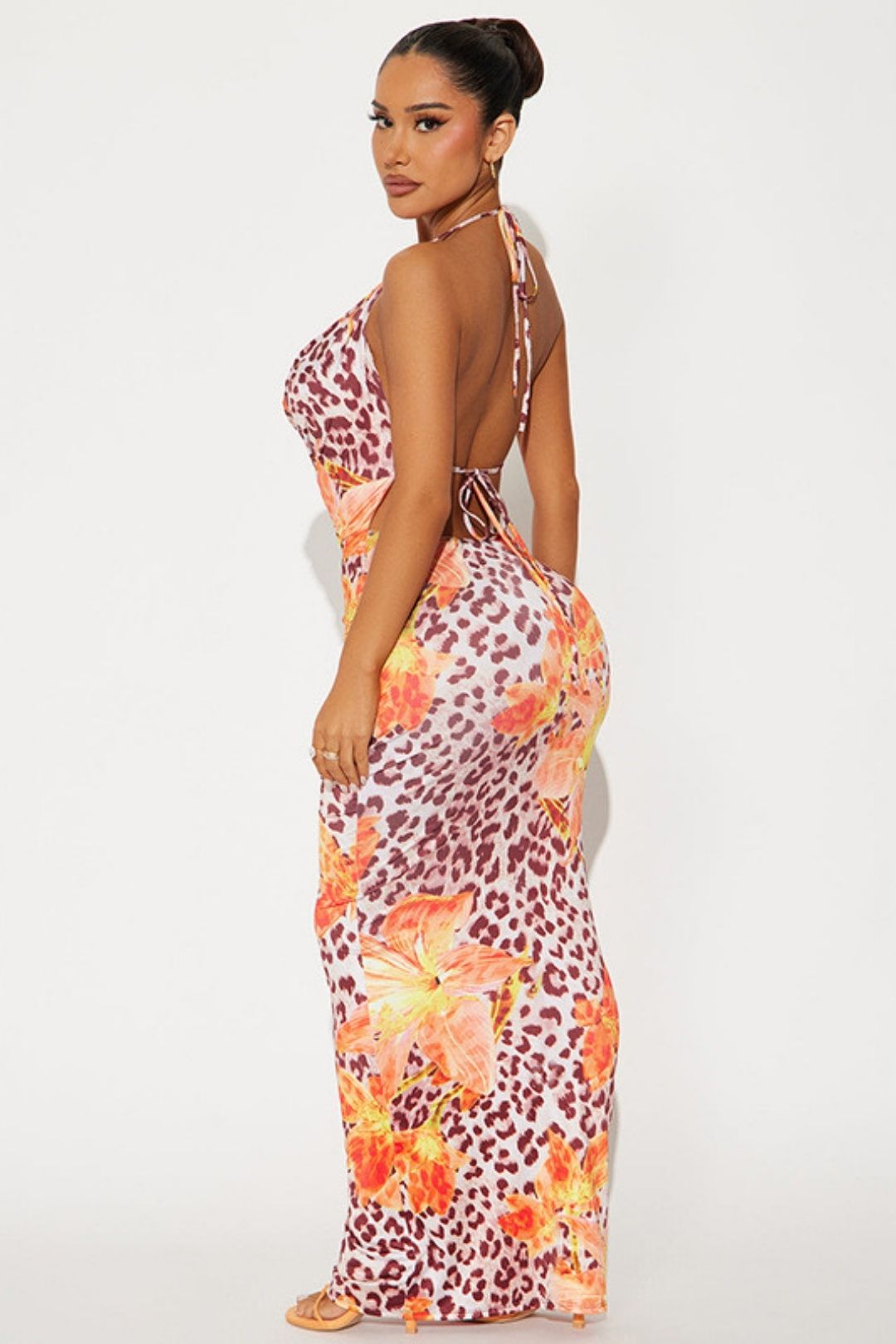 Sexy Flower Leopard Print Swing Neck Halter Neck Backless Rope Dress