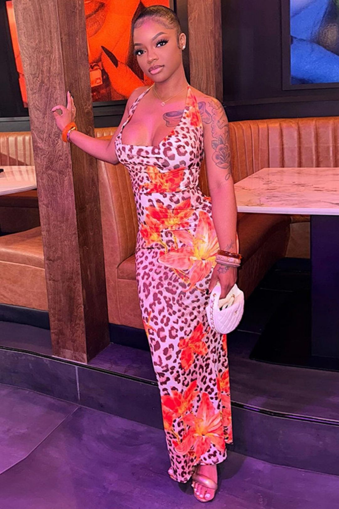 Sexy Flower Leopard Print Swing Neck Halter Neck Backless Rope Dress