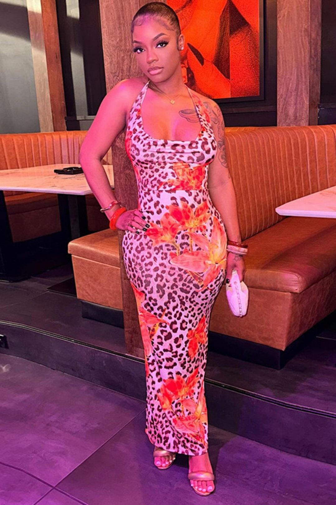 Sexy Flower Leopard Print Swing Neck Halter Neck Backless Rope Dress