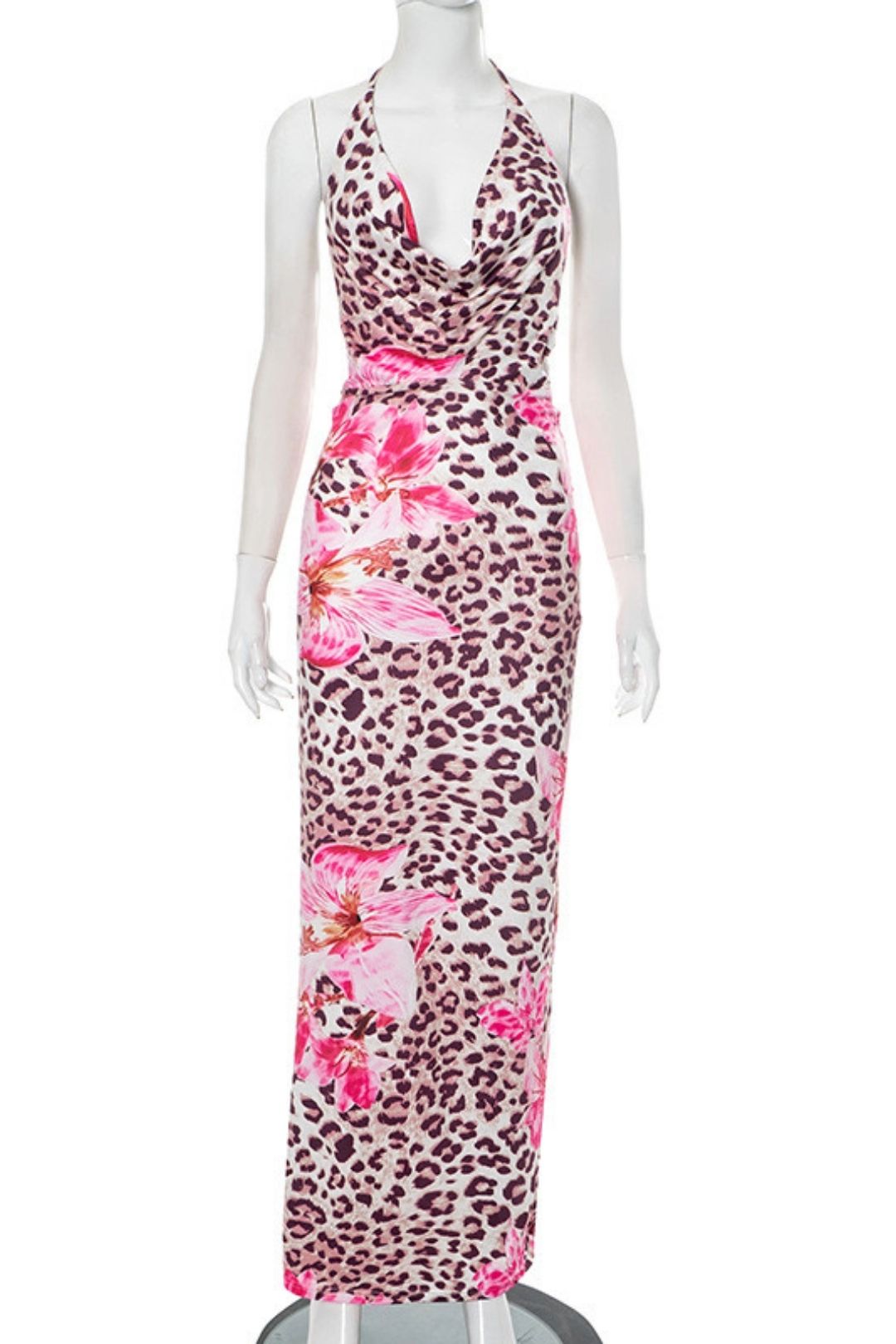 Sexy Flower Leopard Print Swing Neck Halter Neck Backless Rope Dress
