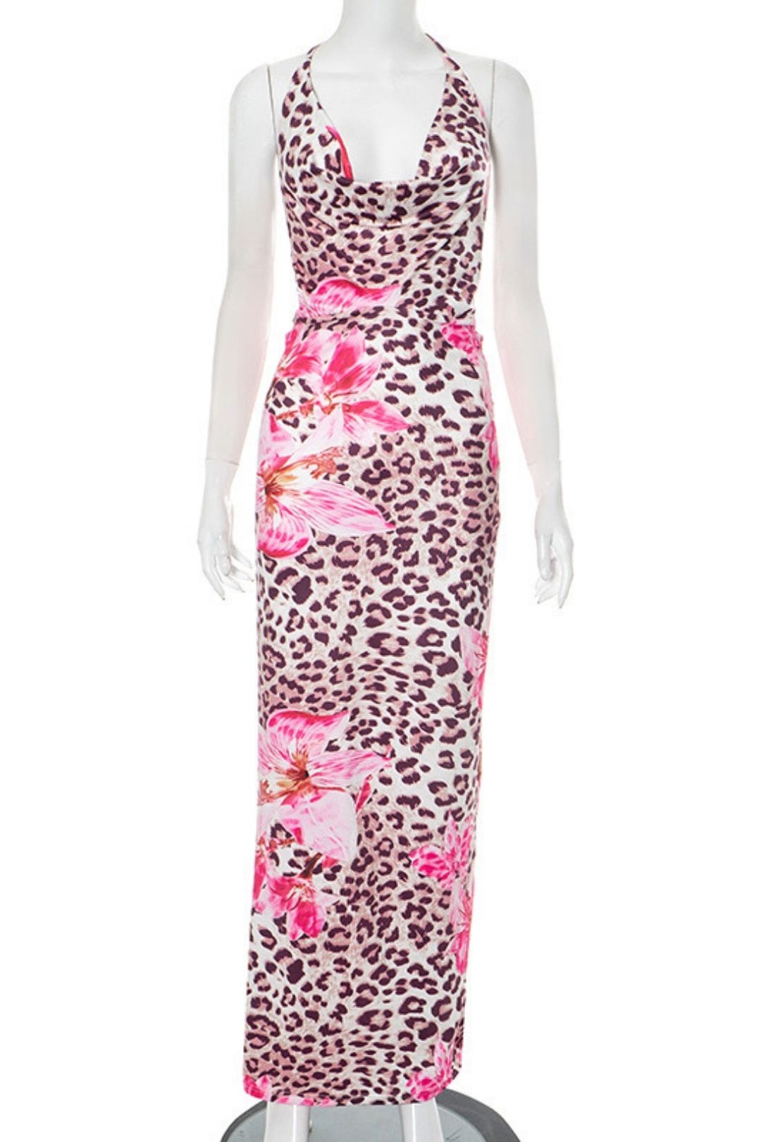 Sexy Flower Leopard Print Swing Neck Halter Neck Backless Rope Dress
