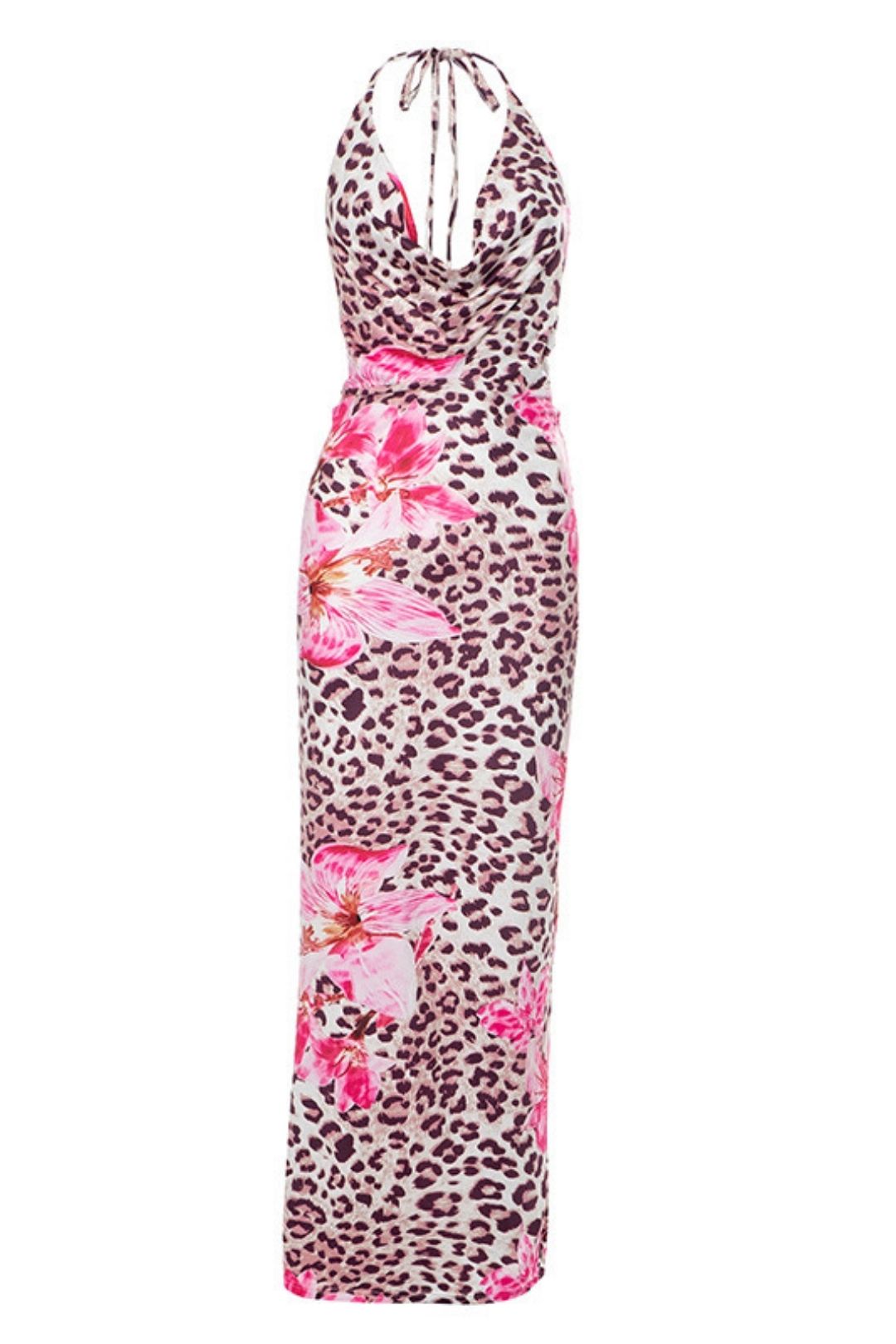 Sexy Flower Leopard Print Swing Neck Halter Neck Backless Rope Dress