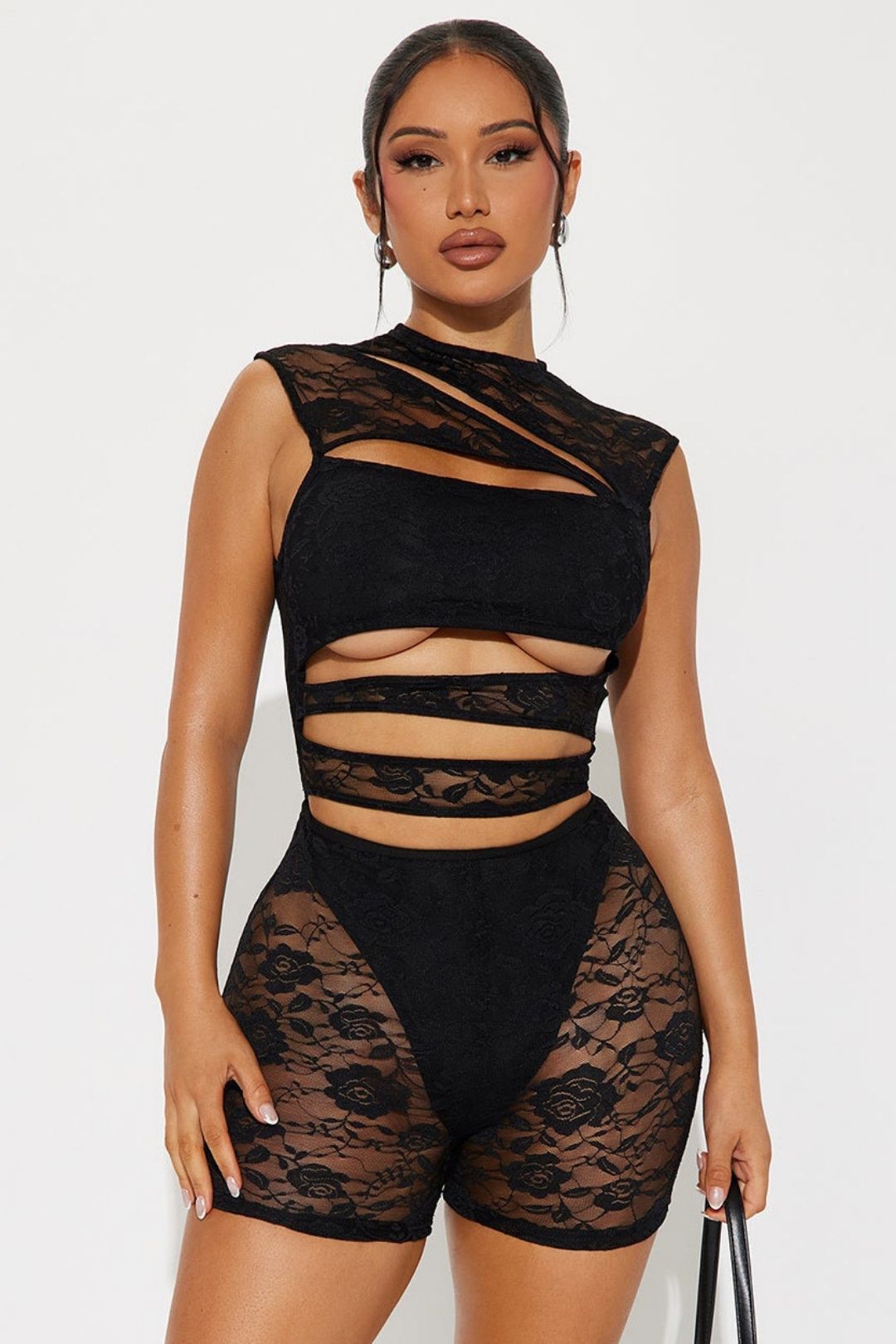 Sexy Lace Stitching Hollow Sleeveless Tight Jumpsuit Shorts