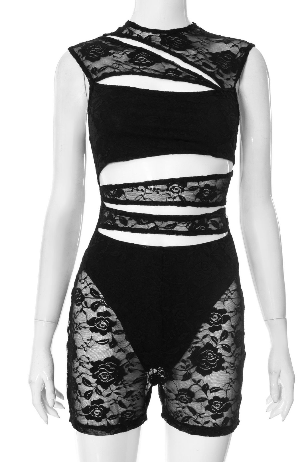 Sexy Lace Stitching Hollow Sleeveless Tight Jumpsuit Shorts