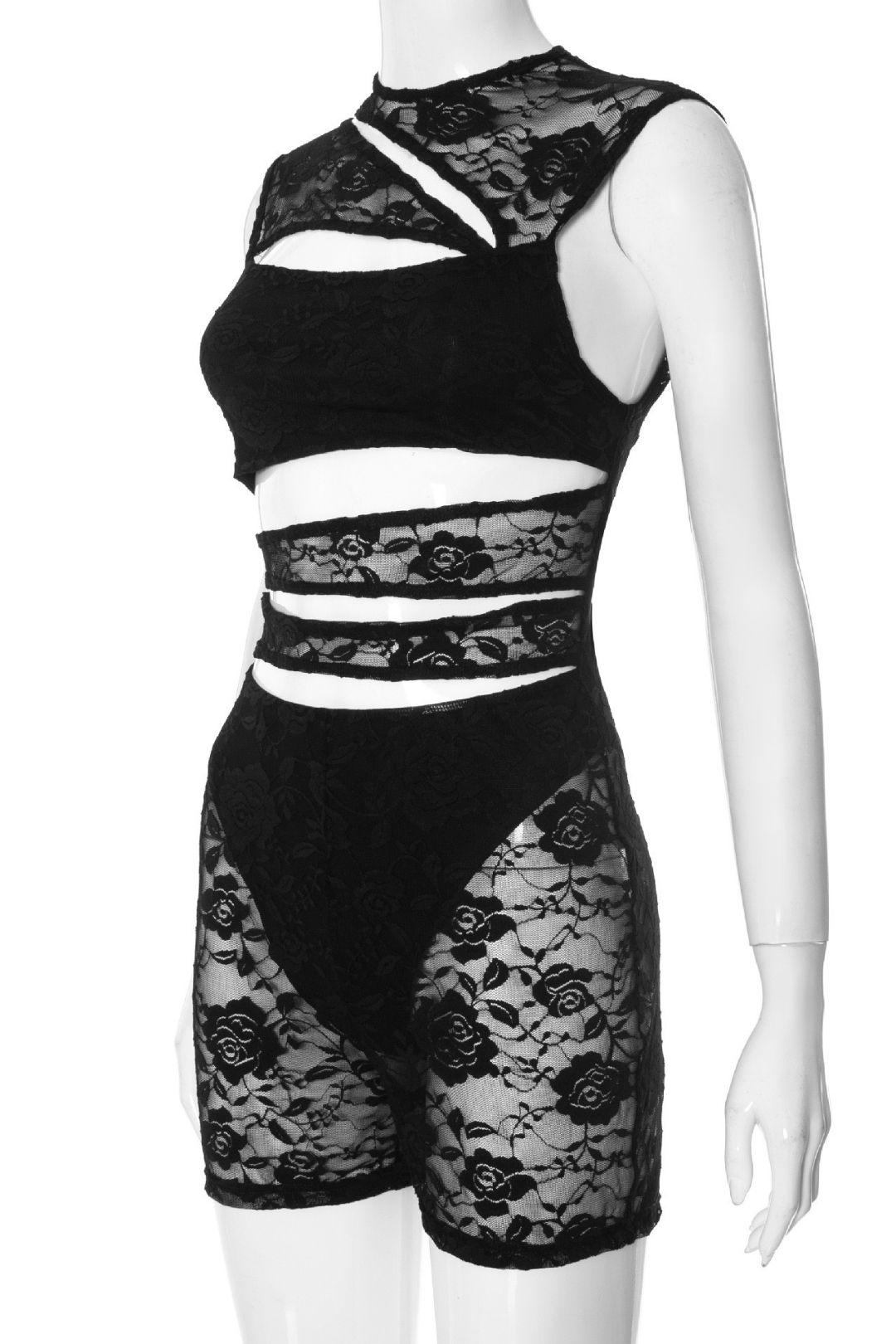 Sexy Lace Stitching Hollow Sleeveless Tight Jumpsuit Shorts