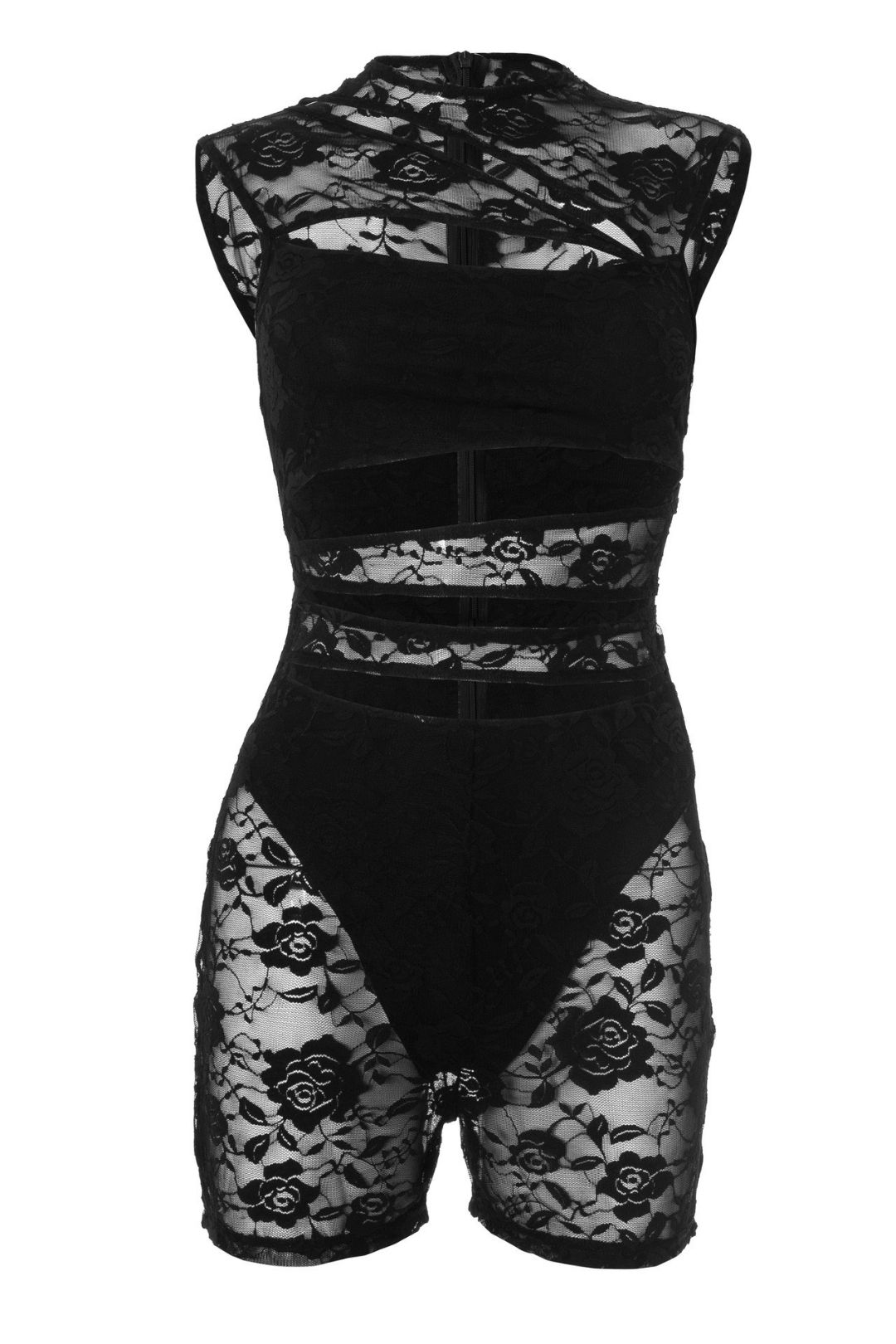Sexy Lace Stitching Hollow Sleeveless Tight Jumpsuit Shorts