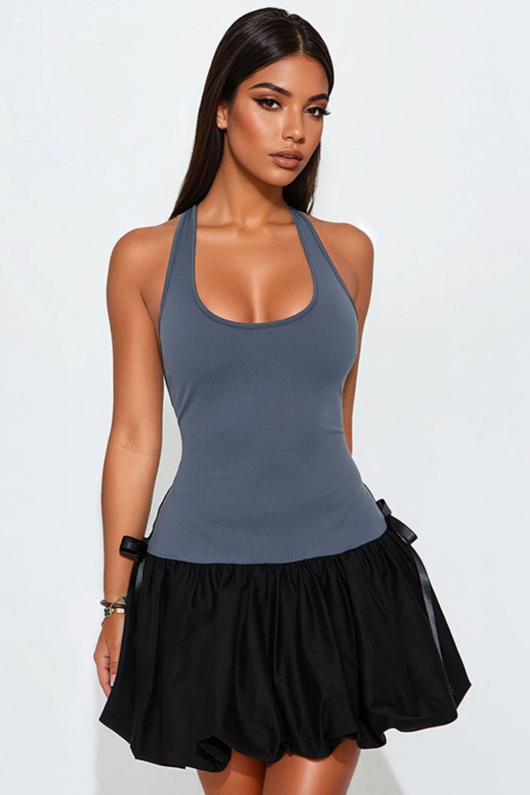 Stitching Sleeveless Sling Bow Flower Bud Dress