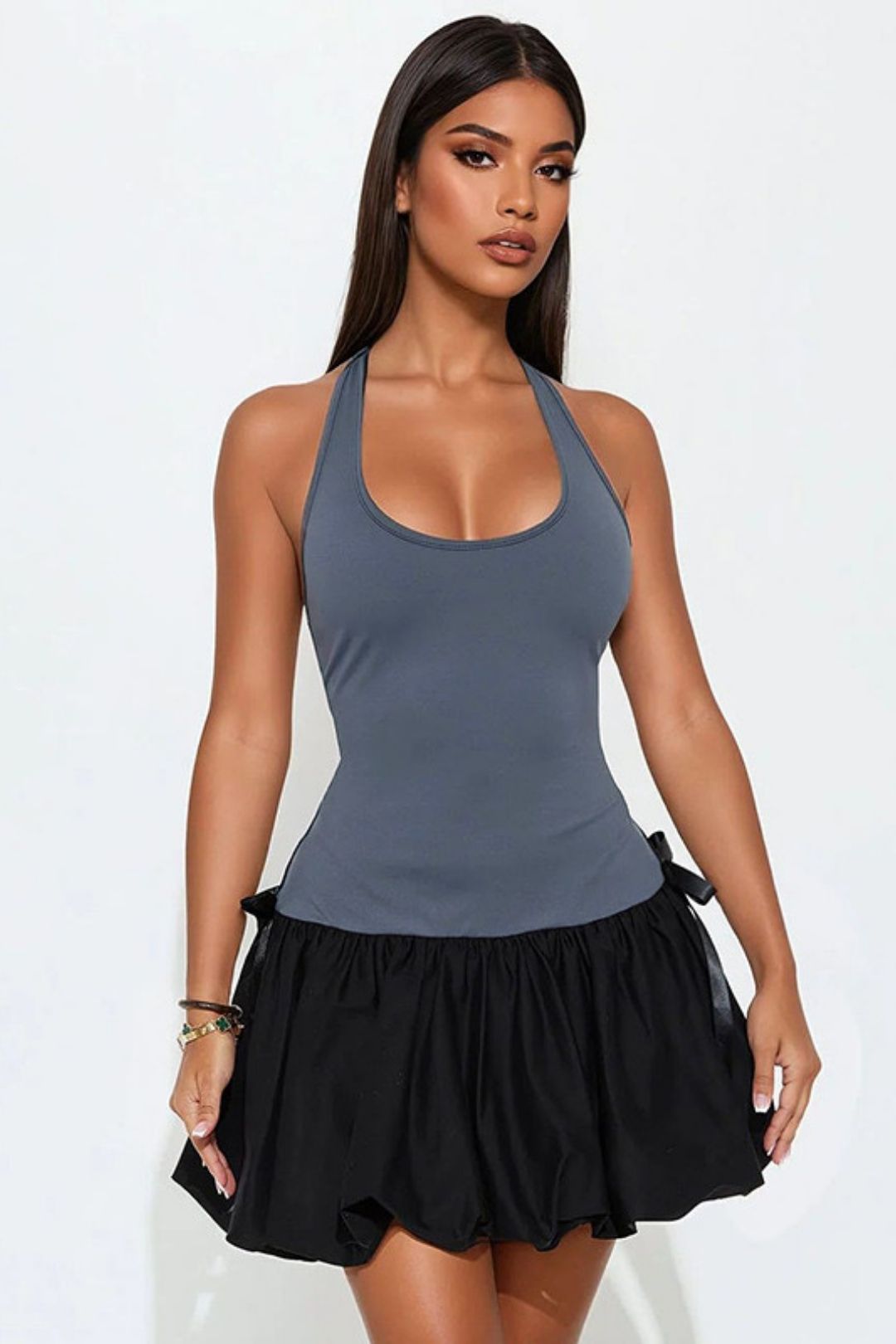 Stitching Sleeveless Sling Bow Flower Bud Dress