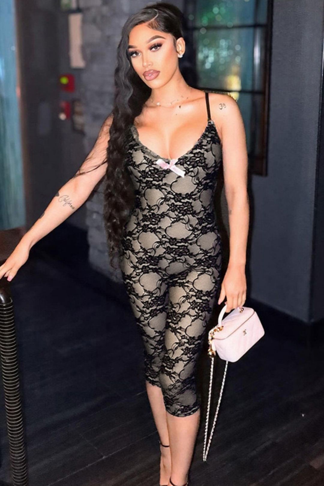 Lace Bow Tight Jumpsuit Shorts