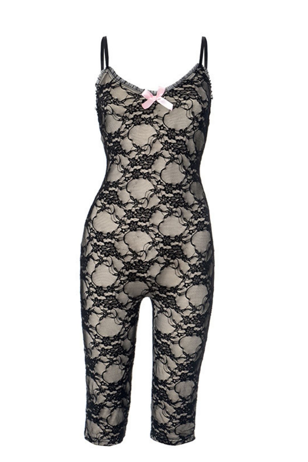 Lace Bow Tight Jumpsuit Shorts