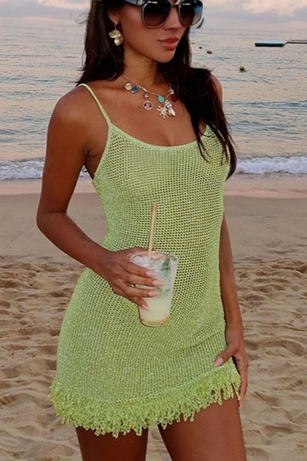 Sexy Backless Tassel Silver Thread Woolen Sling Dress