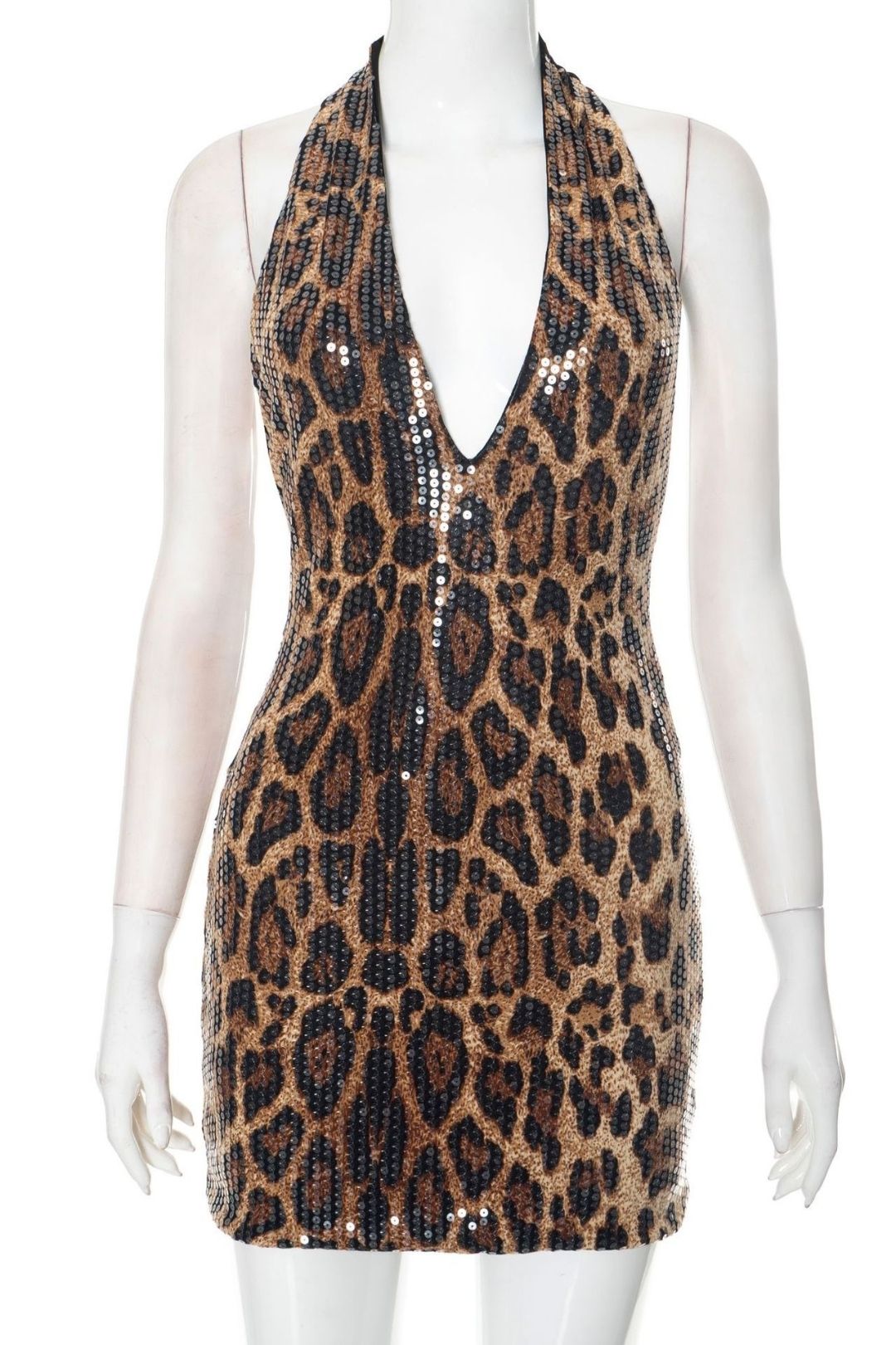 Sexy Sleeveless Halter Neck Leopard  Deep V-neck Backpack Hip Dress