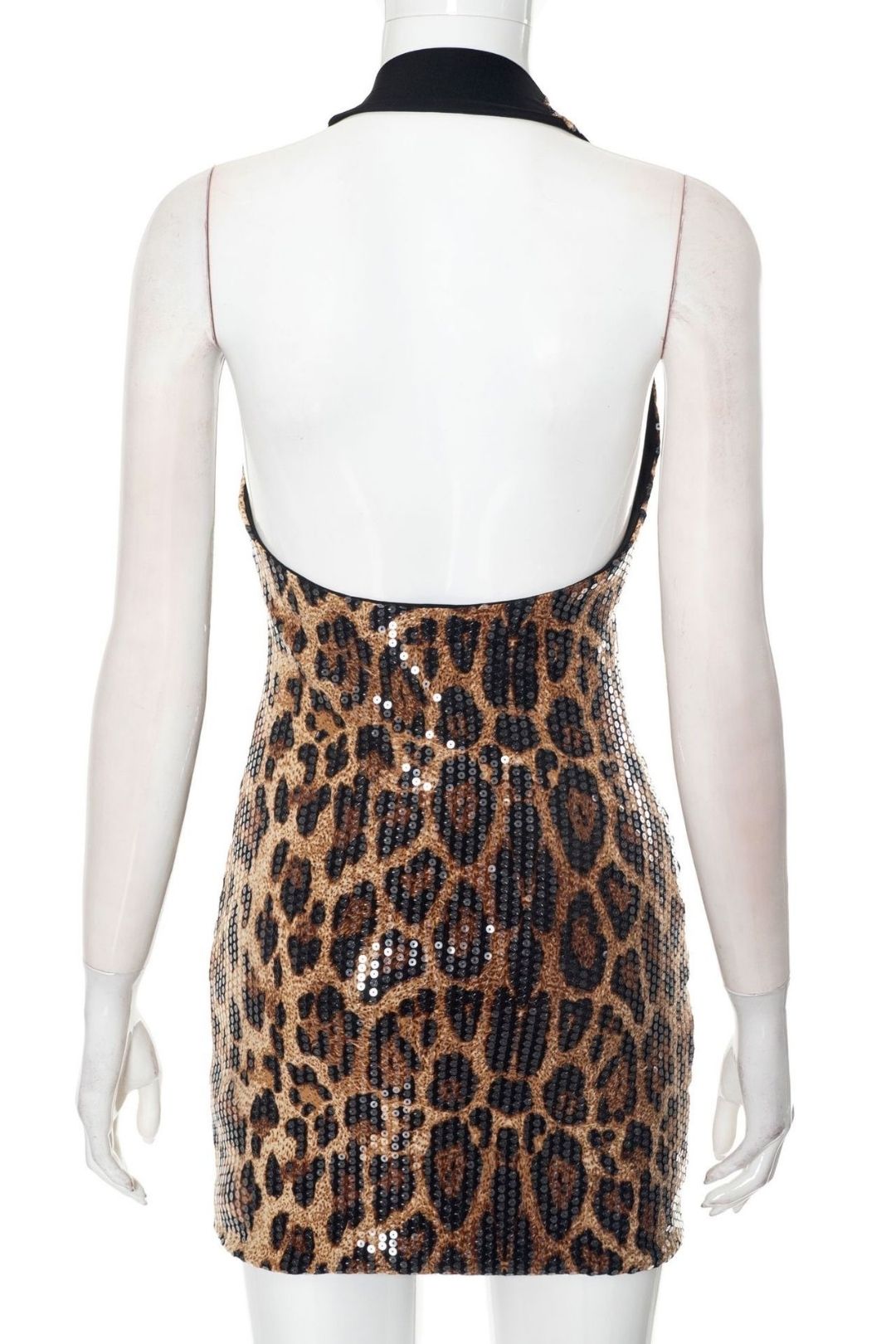 Sexy Sleeveless Halter Neck Leopard  Deep V-neck Backpack Hip Dress