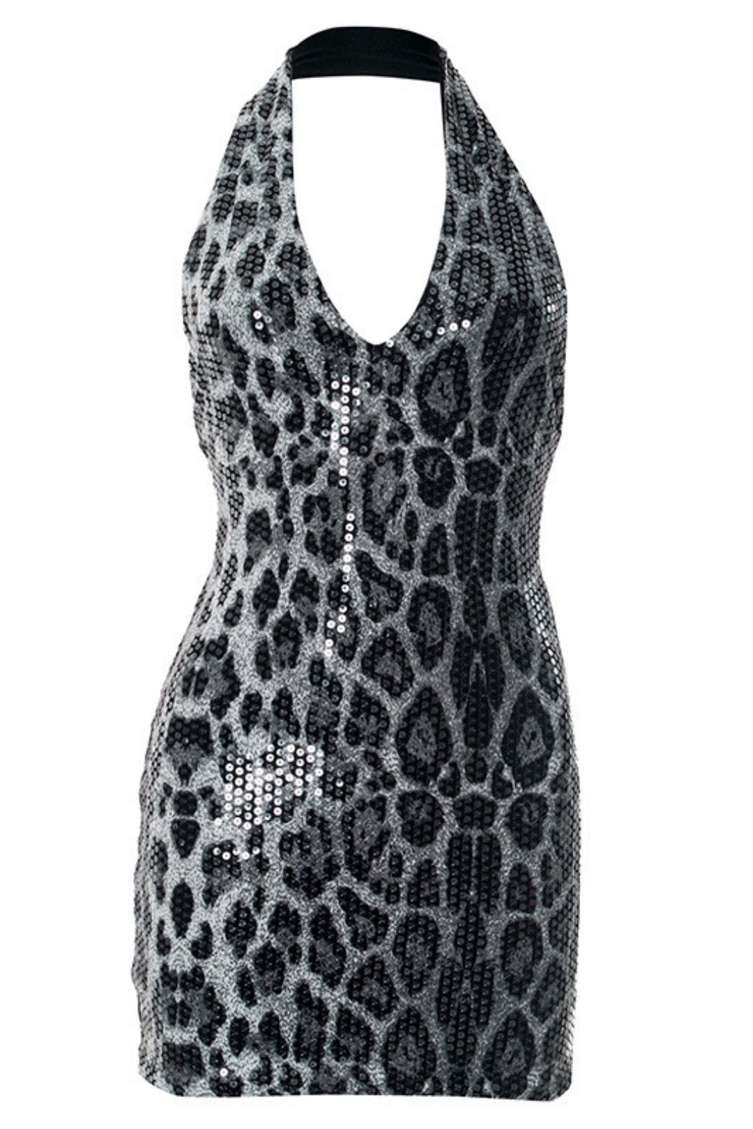 Sexy Sleeveless Halter Neck Leopard  Deep V-neck Backpack Hip Dress