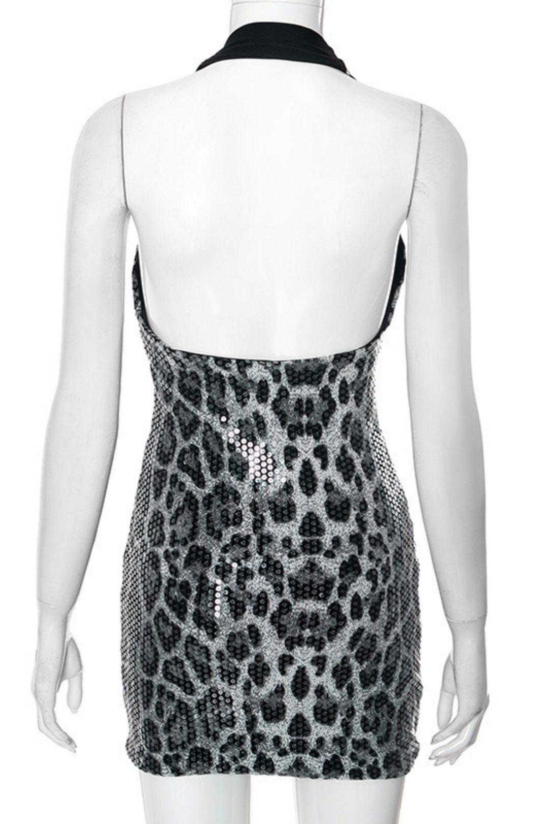 Sexy Sleeveless Halter Neck Leopard  Deep V-neck Backpack Hip Dress