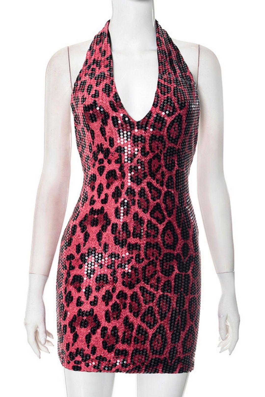 Sexy Sleeveless Halter Neck Leopard  Deep V-neck Backpack Hip Dress