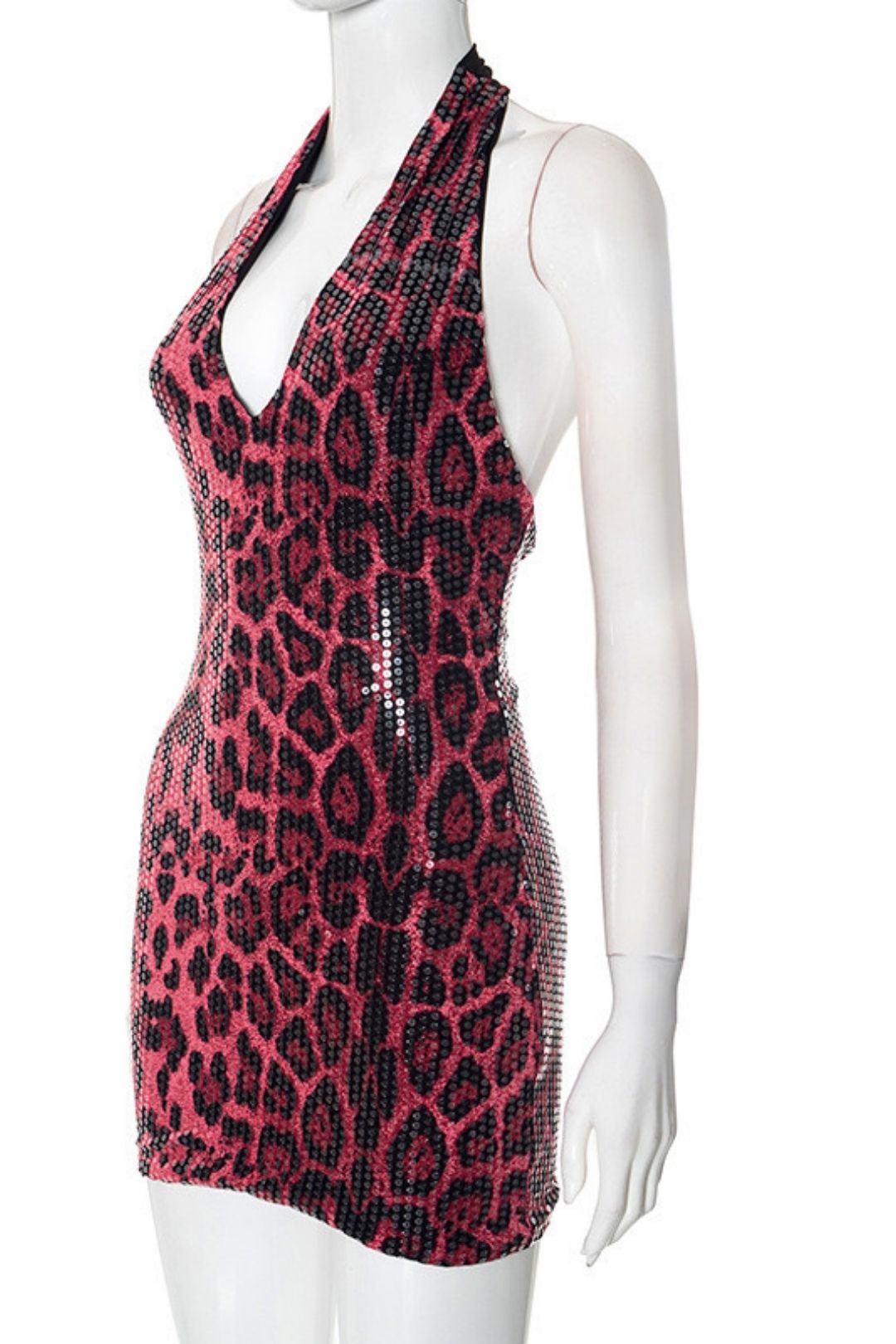 Sexy Sleeveless Halter Neck Leopard  Deep V-neck Backpack Hip Dress