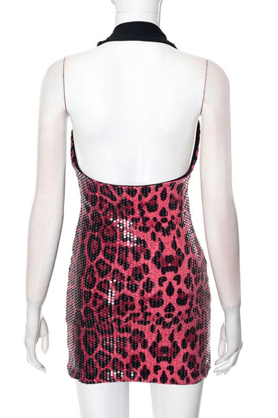 Sexy Sleeveless Halter Neck Leopard  Deep V-neck Backpack Hip Dress